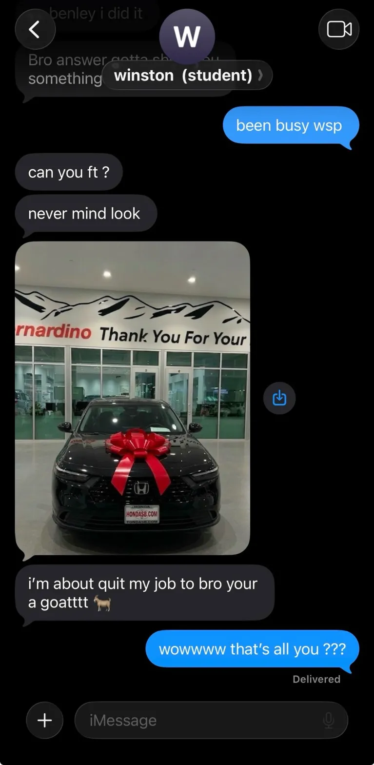 Student bought a new car from trading profits